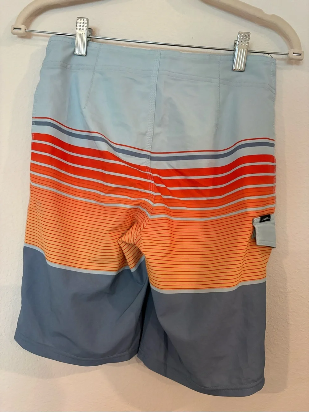 O'Neill Men's Sky Blue, Orange & Gray Striped Boardshorts, size 25